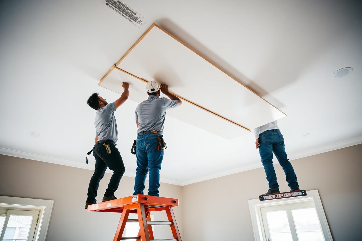 Drywall installers hanging a ceiling panel in a bright residential interior