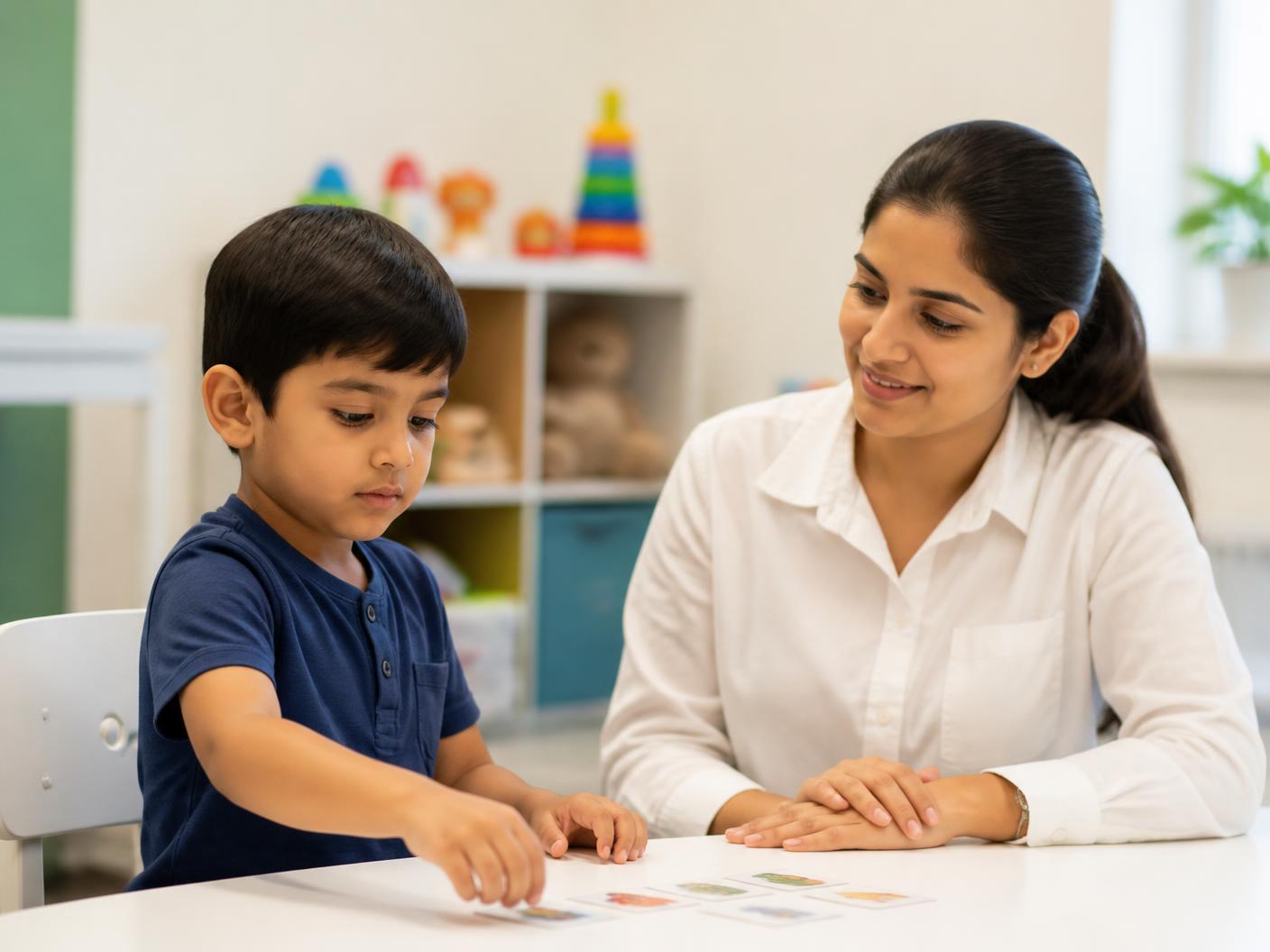 Child placing a picture card on a table during a one-to-one session with a therapist