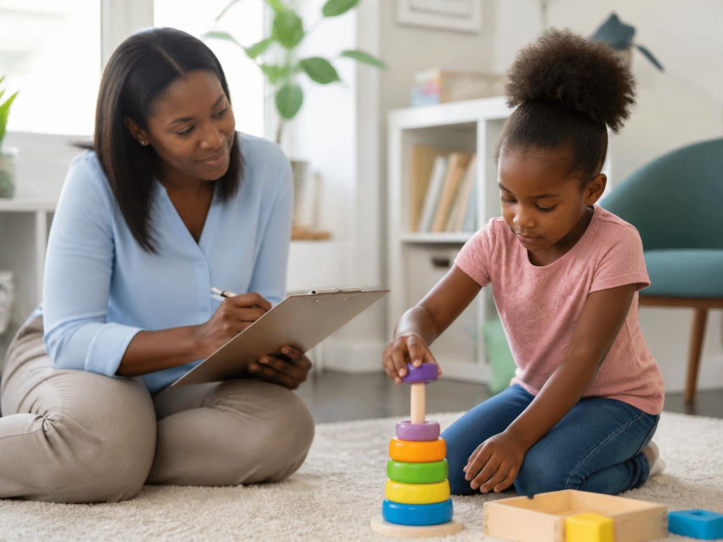 Clinician taking notes while a young child plays with stacking rings during an assessment
