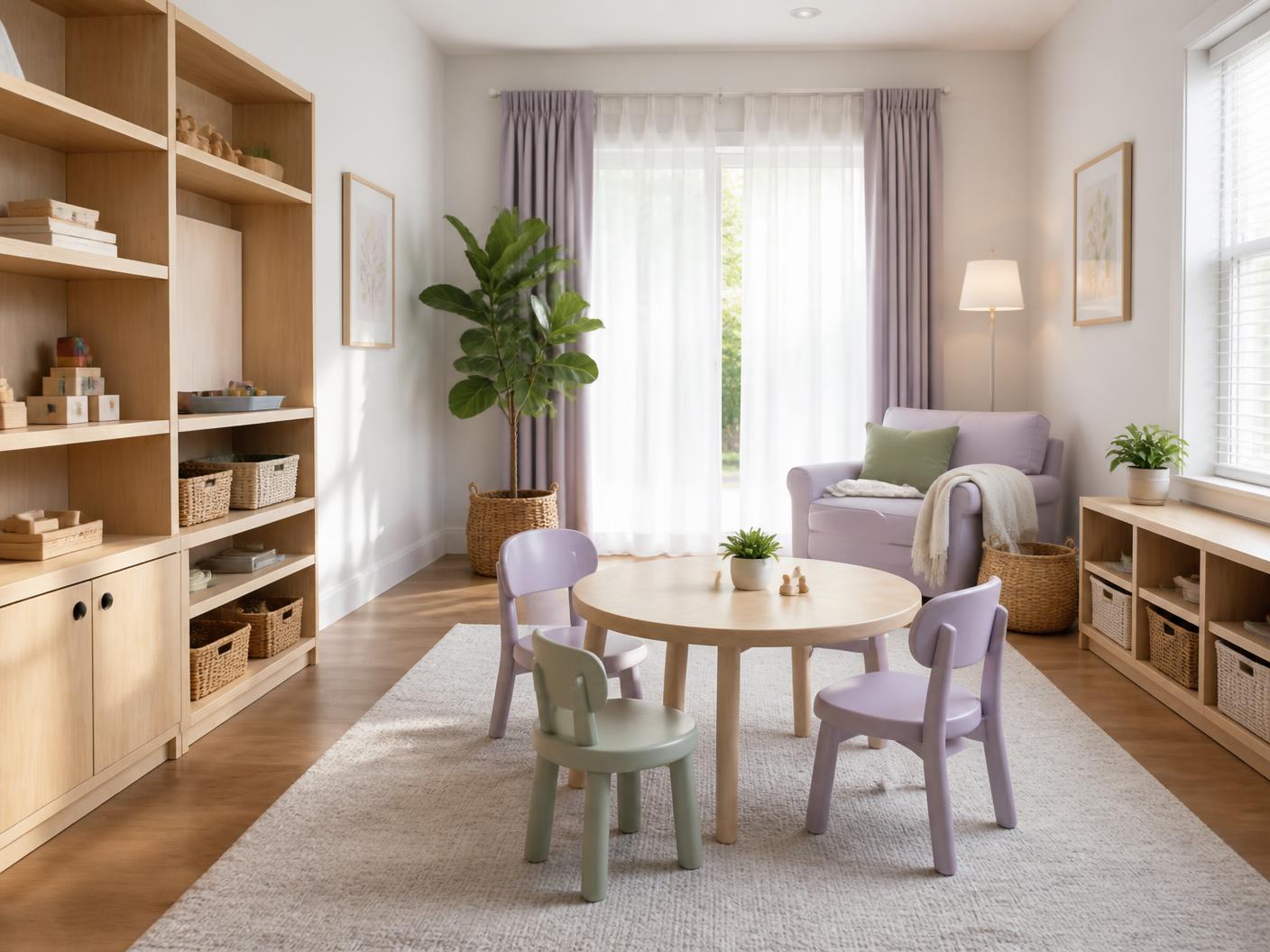 Bright, calm children's therapy room with organized learning materials — conceptual illustration
