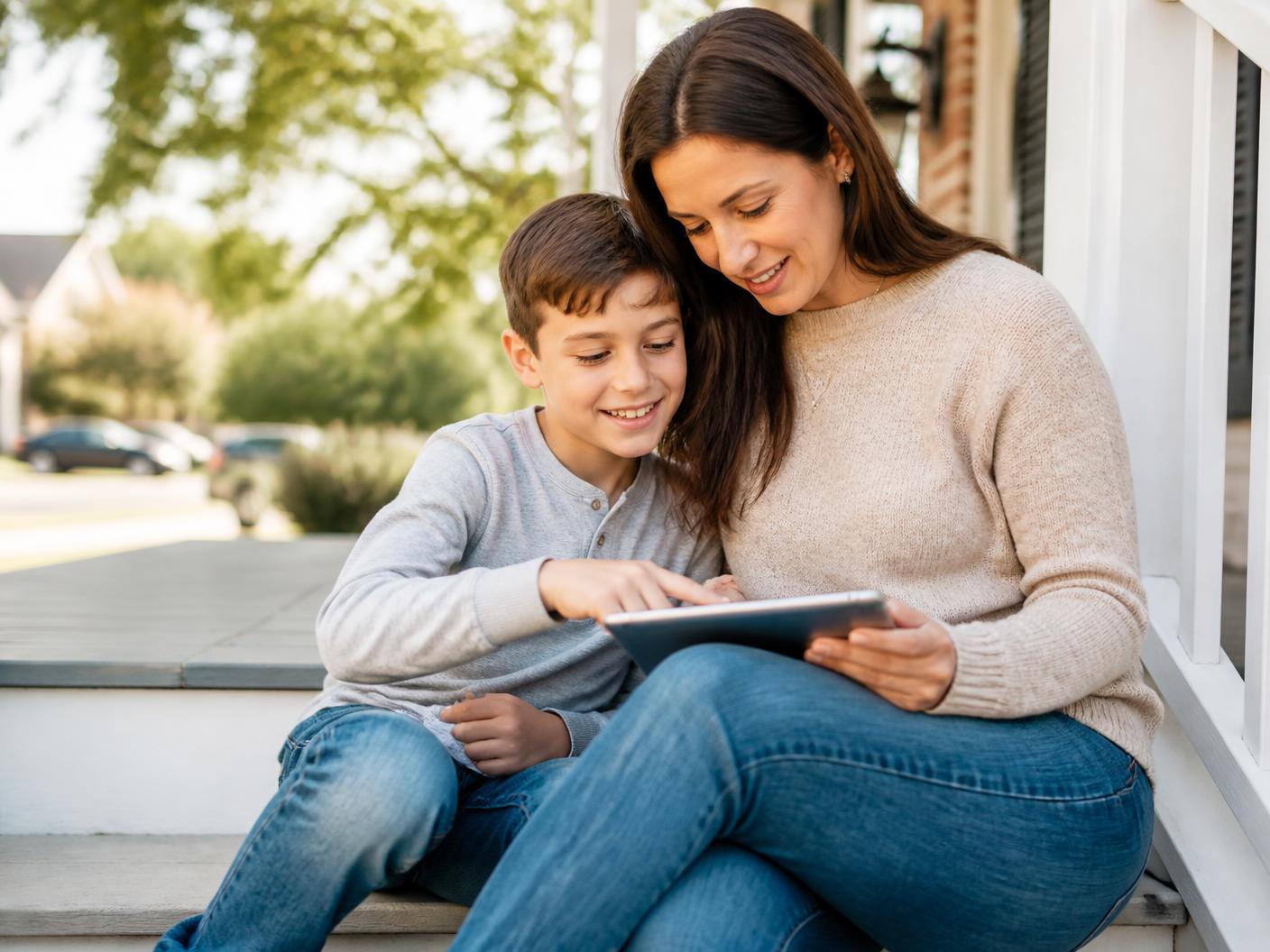 A parent and child sitting together on a sunlit porch, smiling as they look at something together