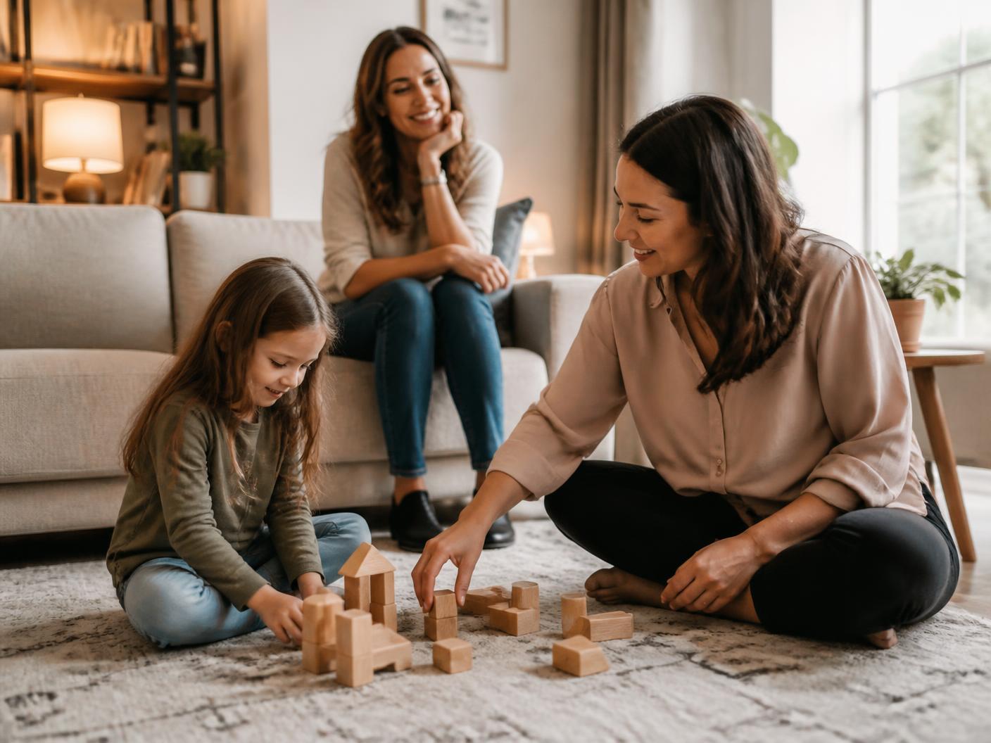 Therapist and child building with wooden blocks at home while a parent watches