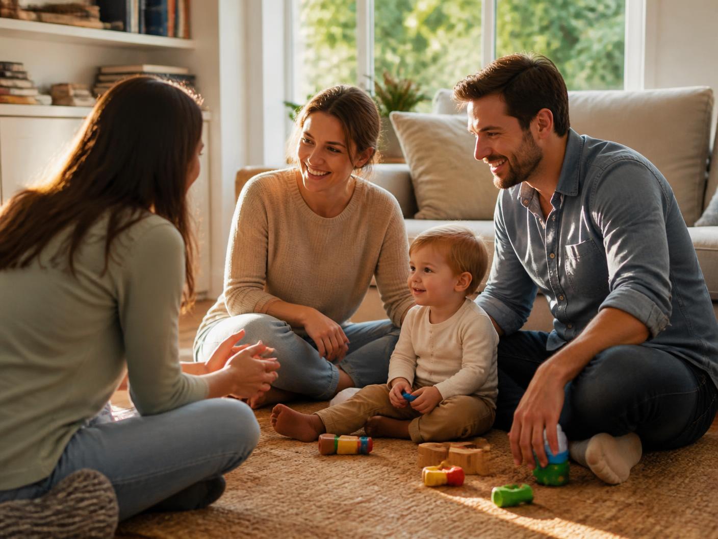 Parents sitting on a living room floor with their toddler while a coach talks with them