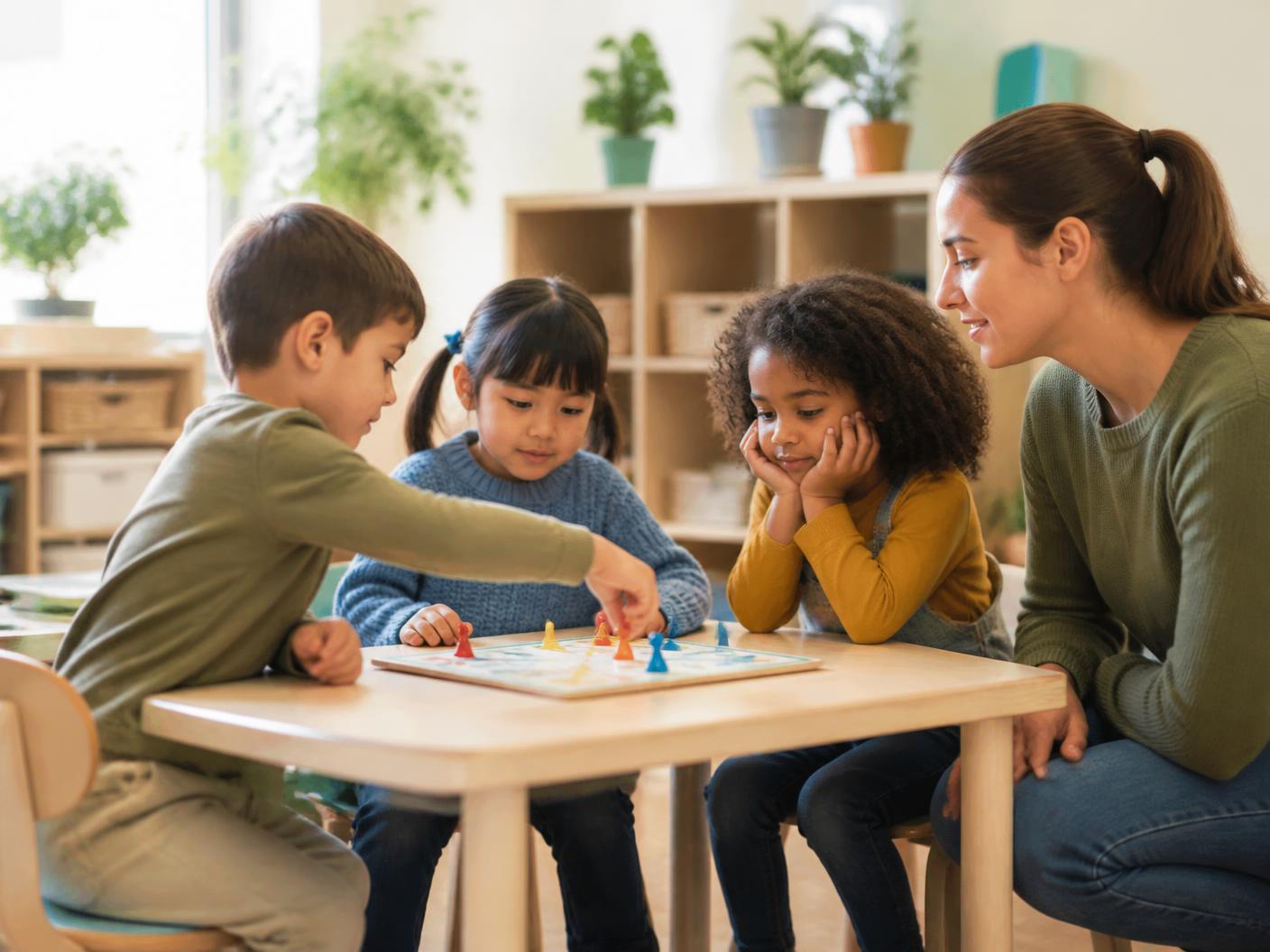 Three children taking turns with a board game while an adult facilitator supports them