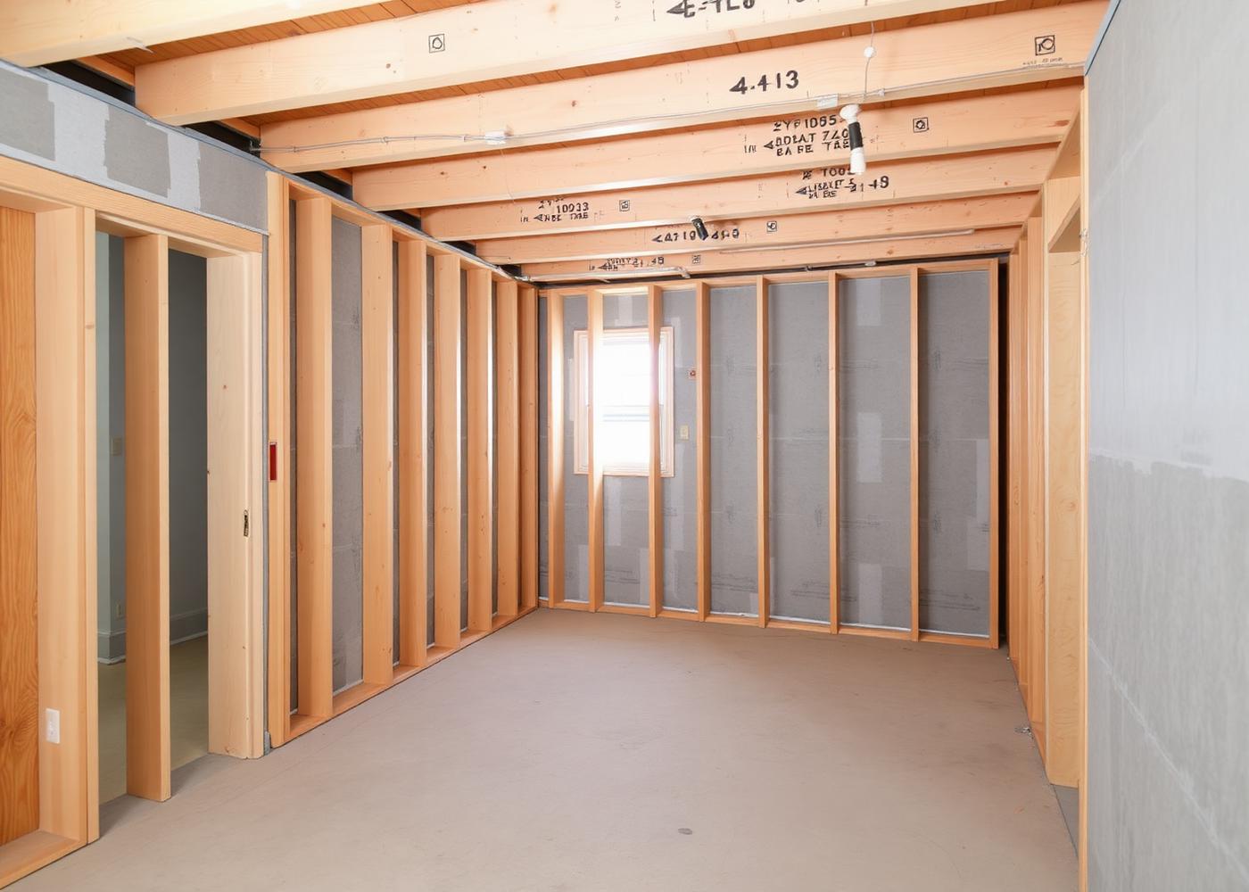 Basement mid-construction with framing and drywall in progress