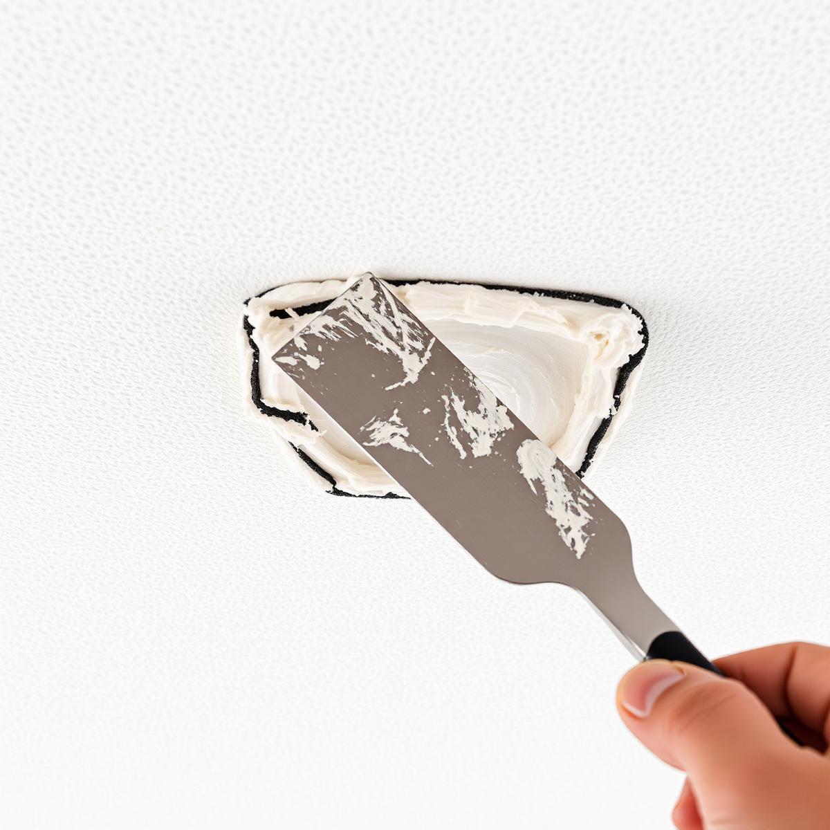 Close-up of a drywall patch being finished with joint compound