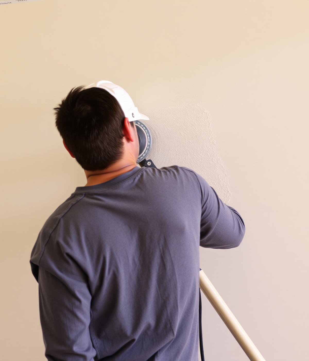 Worker sanding a smooth drywall wall with a pole sander