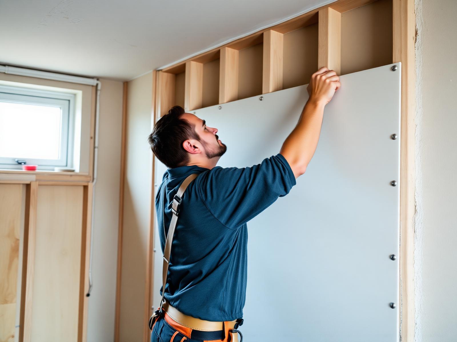 Professional drywall installer hanging drywall on residential interior wall framing