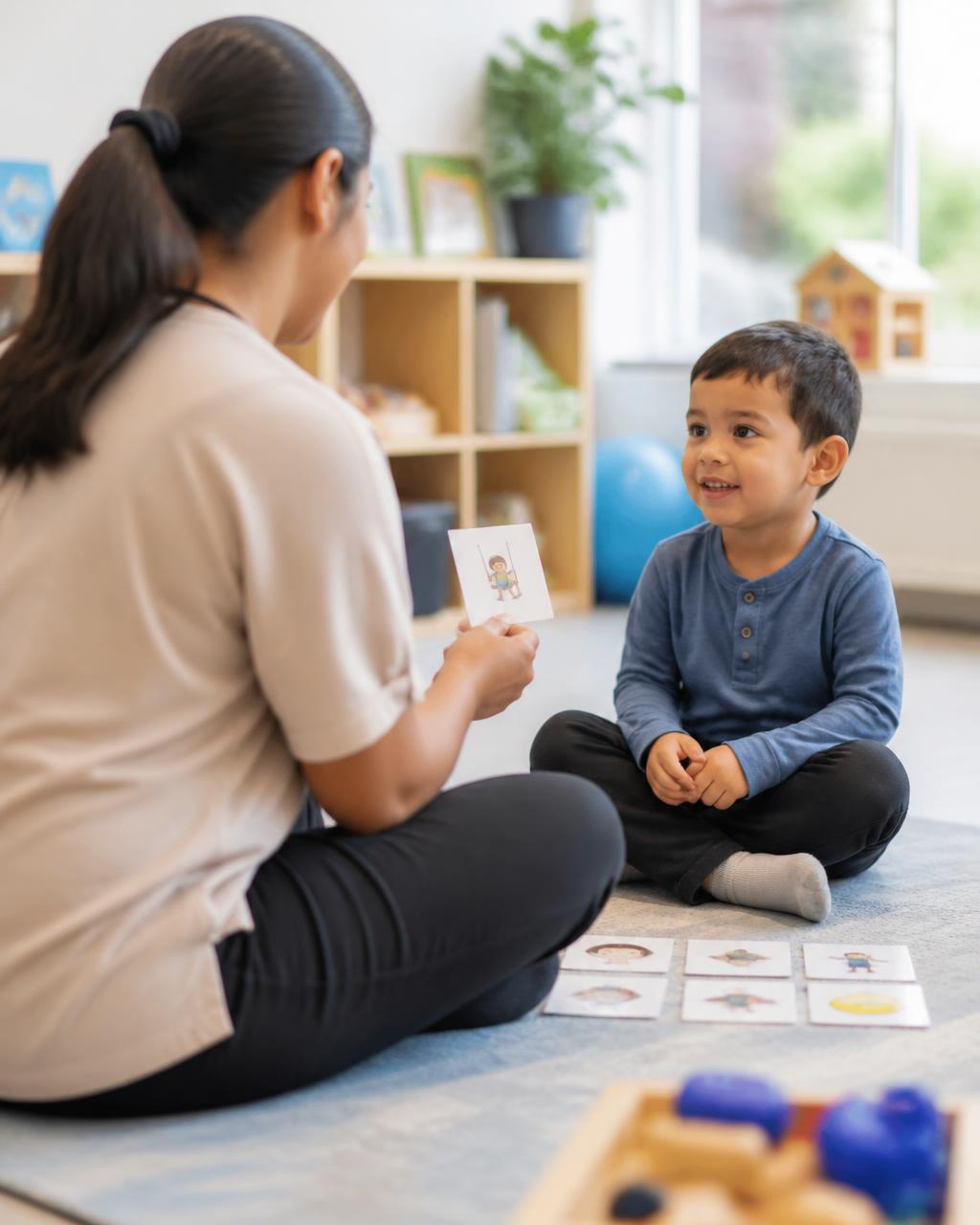 Support team member using picture communication cards with a young child — representative image
