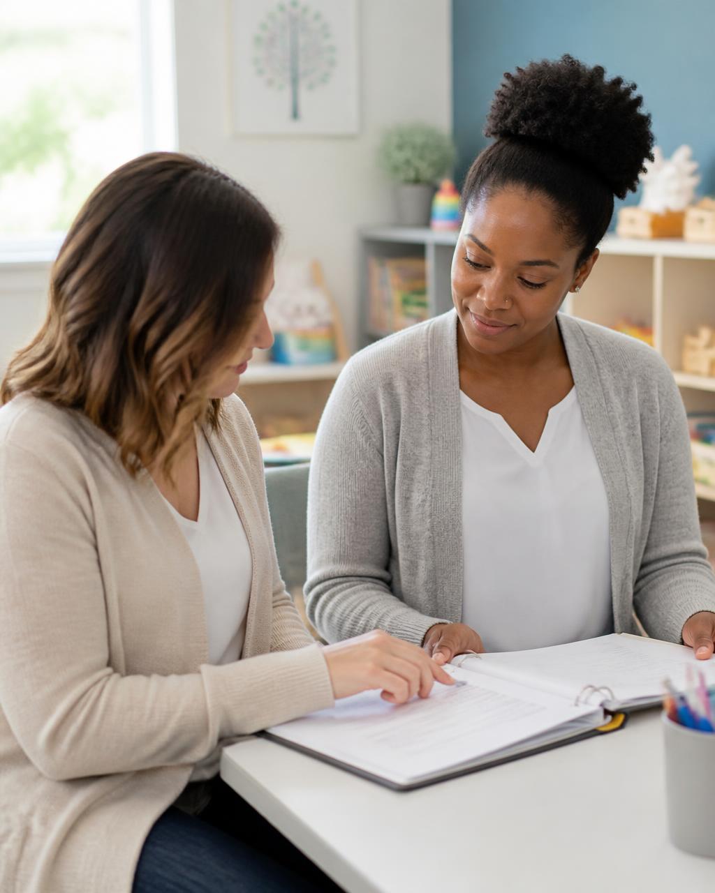Two behavioral health professionals reviewing a treatment plan together — representative image