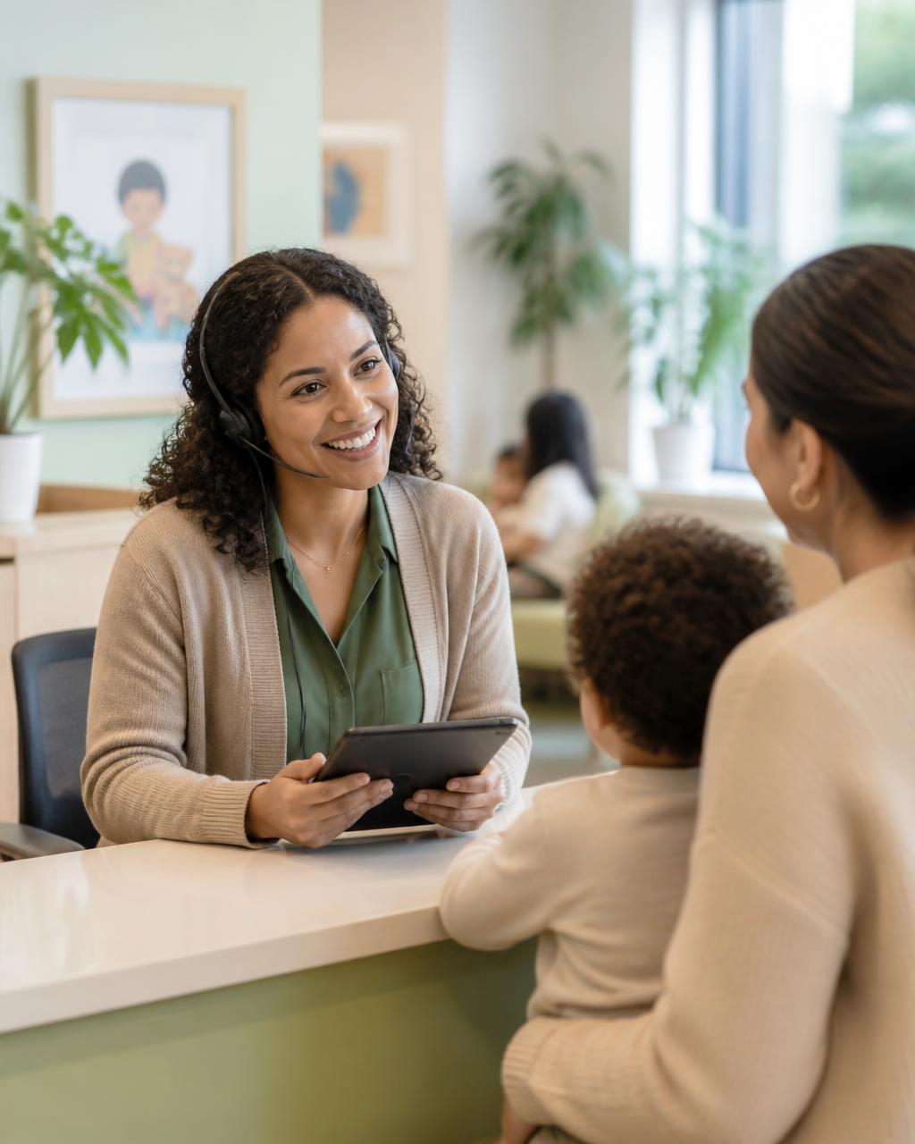 Family support coordinator welcoming a parent and child at a clinic reception desk — representative image